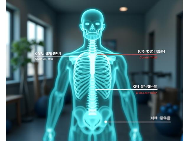 화면 상단에 AI가 감지한 인체 골격 라인이 표시되고, 하단에 올바른 자세 가이드가 나타나는 모습.