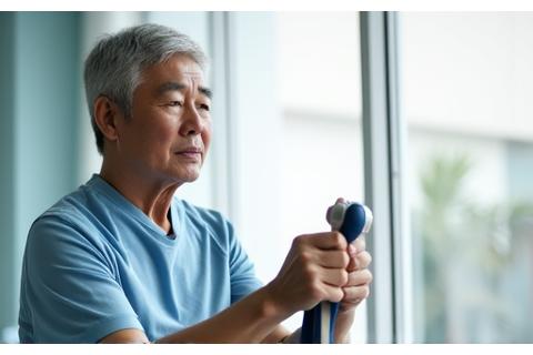 재활운동 기구를 사용하여 어깨 운동을 하는 노년 남성. 온화하고 집중된 표정.